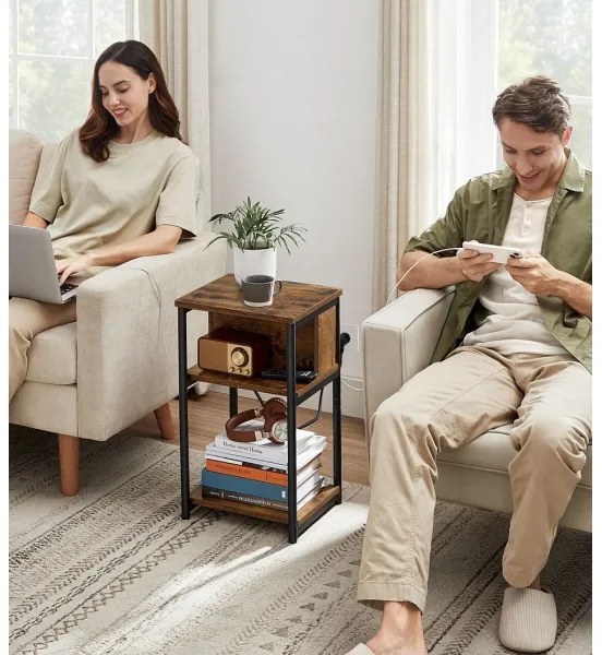 Măsuță laterală ROD cu prize integrate și porturi USB, maro/negru