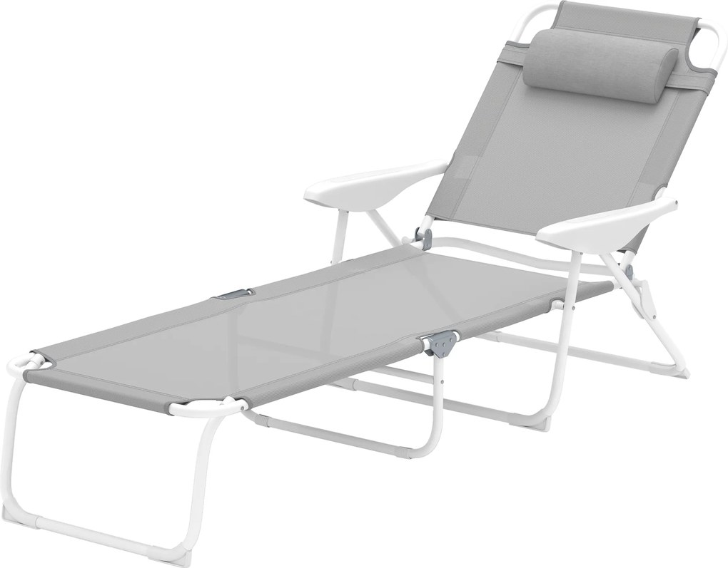 Outsunny Șezlong pliabil pentru grădină cu pernă pentru cap, fotoliu cu spătar reglabil în 4 trepte până la 120 kg, gri deschis | Aosom Romania
