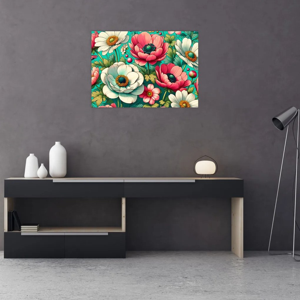 Tablou - Flori pe fundal albastru (70x50 cm)