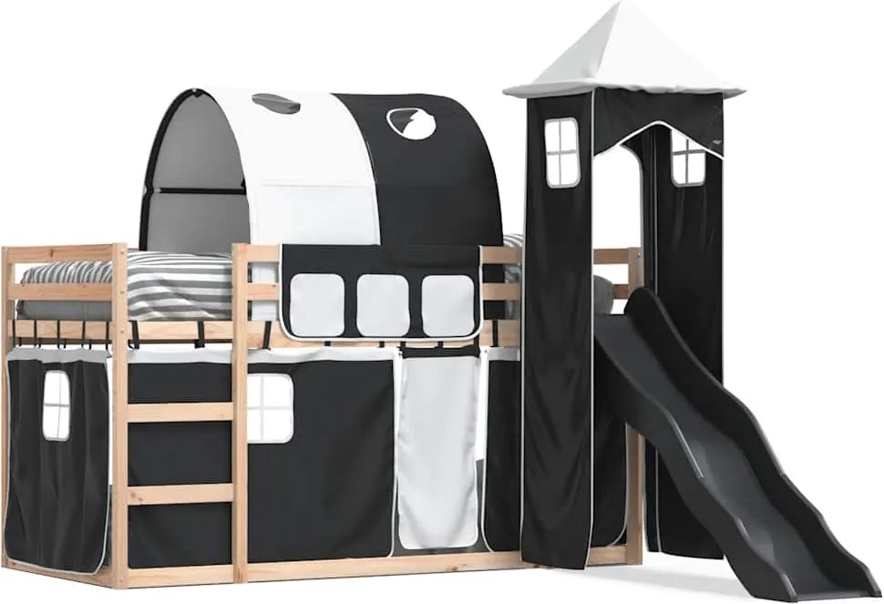 vidaXL Pat supraetajat cu tobogan și perdele, alb și negru, 90x200 cm