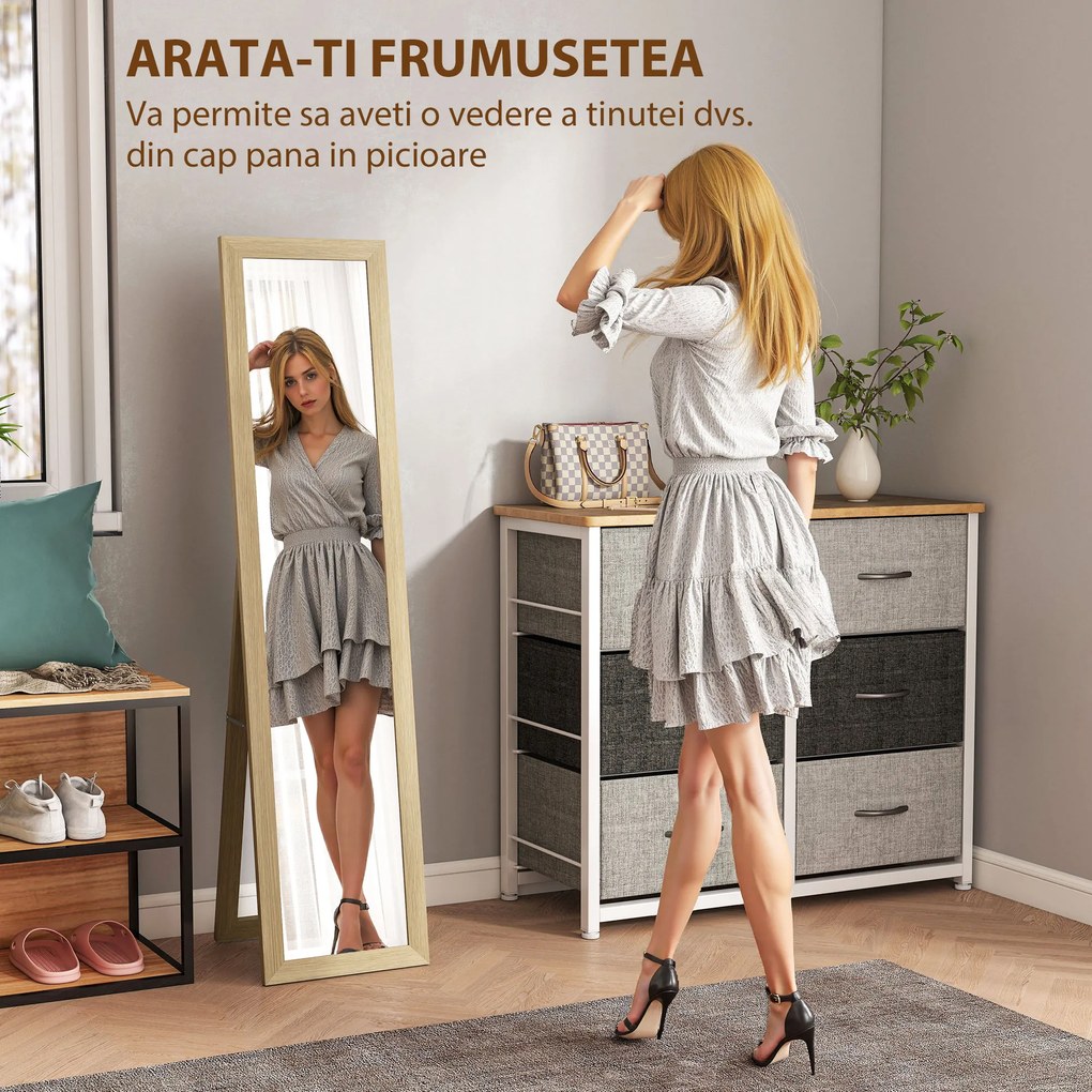 HOMCOM Oglindă cu Ramă din MDF, Picioare și Cârlige pentru Utilizare pe Podea sau pe Perete, 37x40x155 cm, Lemn Natural | Aosom Romania