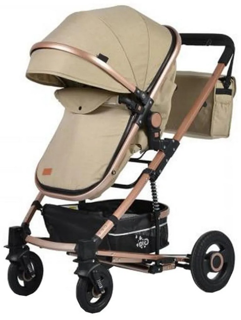 Carucior nou nascuti 2 in 1 NOVOKIDS™ GIGI PRO , Cu geanta bebe inclusa, Roti din cauciuc plin AVE, Cadru aluminiu Gold, Maner reversibil, Spatar