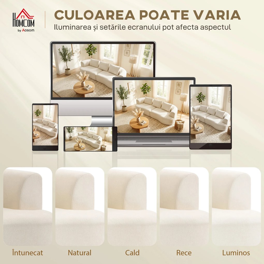 HOMCOM Canapea 3 Locuri Modulară 260cm Fără Structură cu Șezut Generos, Pernă Groasă, 3 Perne, din Catifea, Crem | Aosom Romania