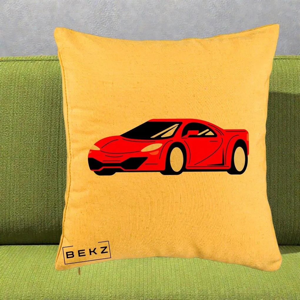 Perna Personalizata Masina Sport Rosie Grafic, 40x40 cm, Galben, Husa Detasabila, Perna Inclusa, BEKZ®