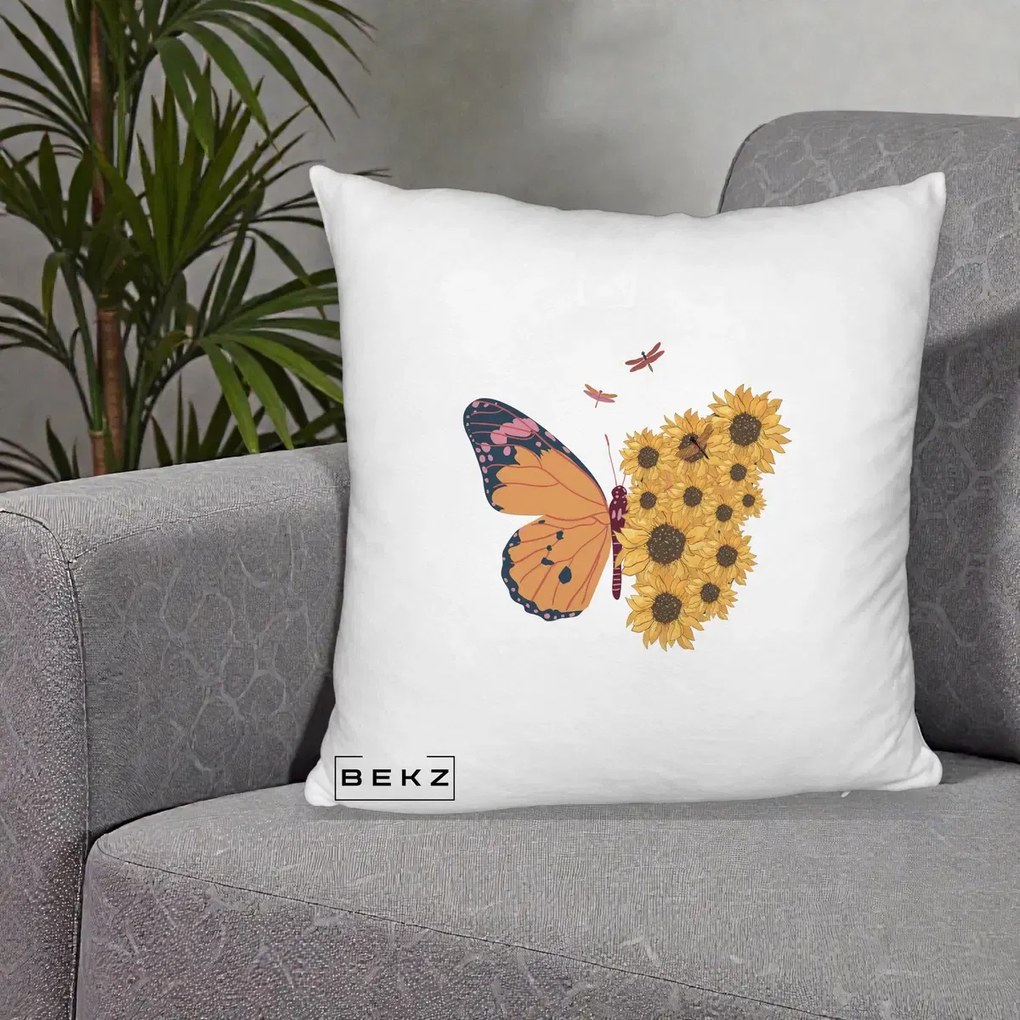 Perna Decorativa Fluture Floarea-Soarelui, 40x40 cm, Alb Pufos, Husa Detasabila, Perna Inclusa, BEKZ®
