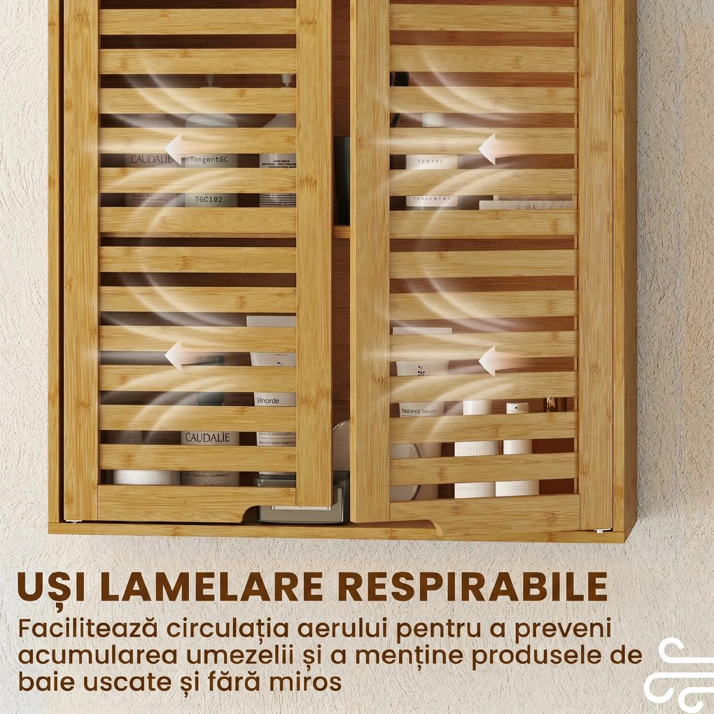 HOMCOM Dulap de Baie cu Raft Intern Reglabil și Uși Tip Lamă, din Bambus, 60x20x60 cm, Culoare Lemn | Aosom Romania