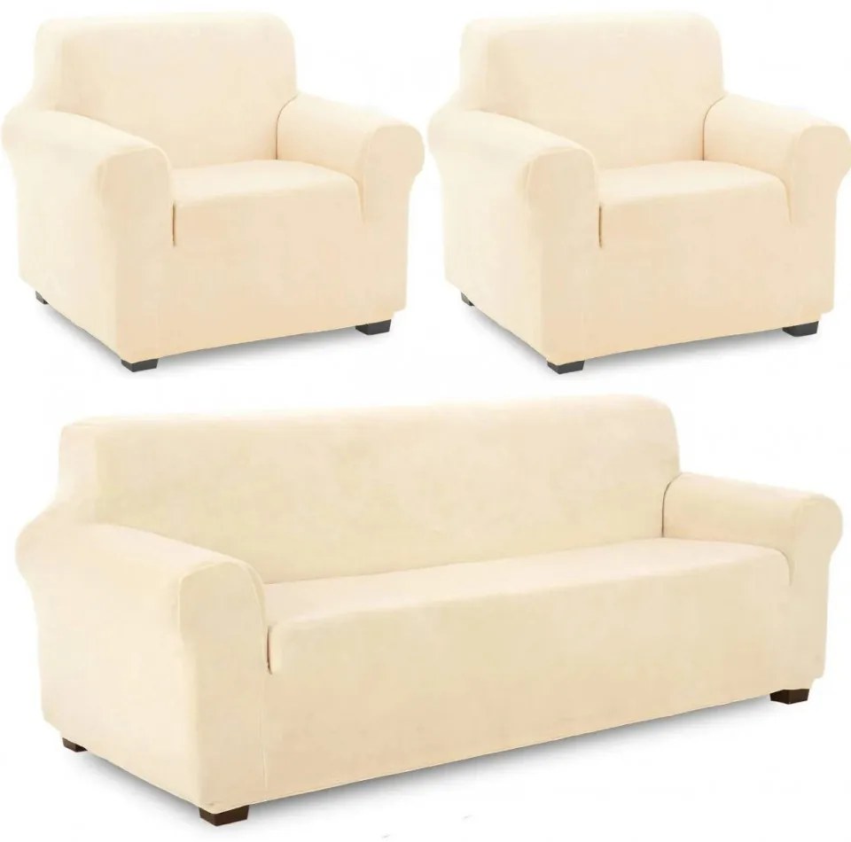 Set huse elastice din catifea pentru canapea 3 locuri + 2 fotolii, cu brate, crem, HCCJS-03