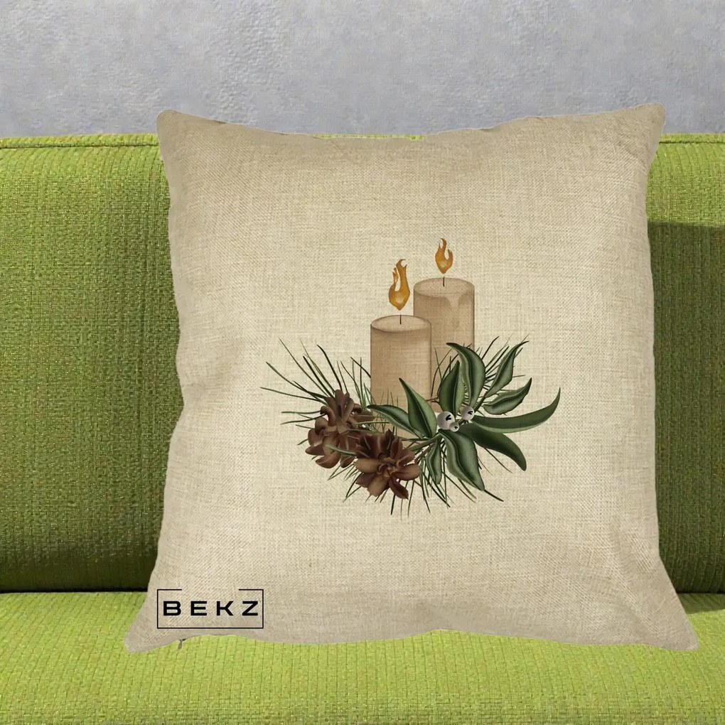 Perna Decorativa Lumanari cu Ilex si Conuri Ilustratie, 40x40 cm, Crem, Husa Detasabila, Perna Inclusa, BEKZ®