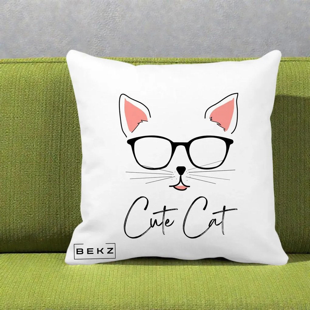 Perna Personalizata Cute Cat cu Ochelari, 40x40 cm, Alba Mata, Husa Detasabila, Perna Inclusa, BEKZ®