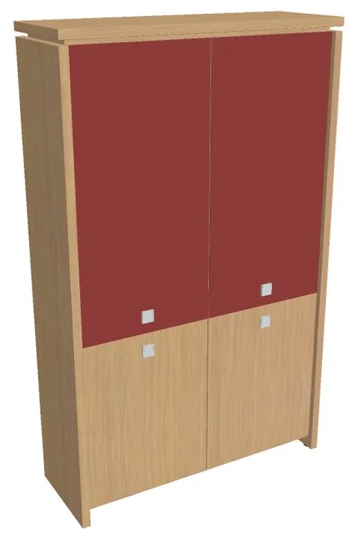 Dulap înalt Verno 128 x 46 x 210 cm, uși combinate, stejar deschis / roșu