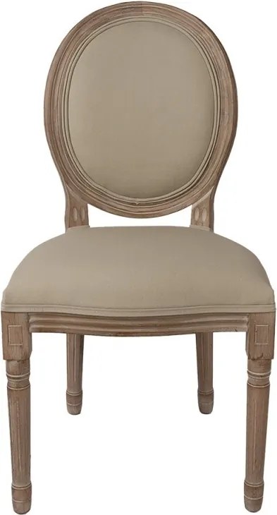Scaun dining tapițat shabby chic din lemn masiv și stofă, bej, cu spătar oval și picioare strunjite canelate, 96 x 48 x 46 cm, „Amandine”