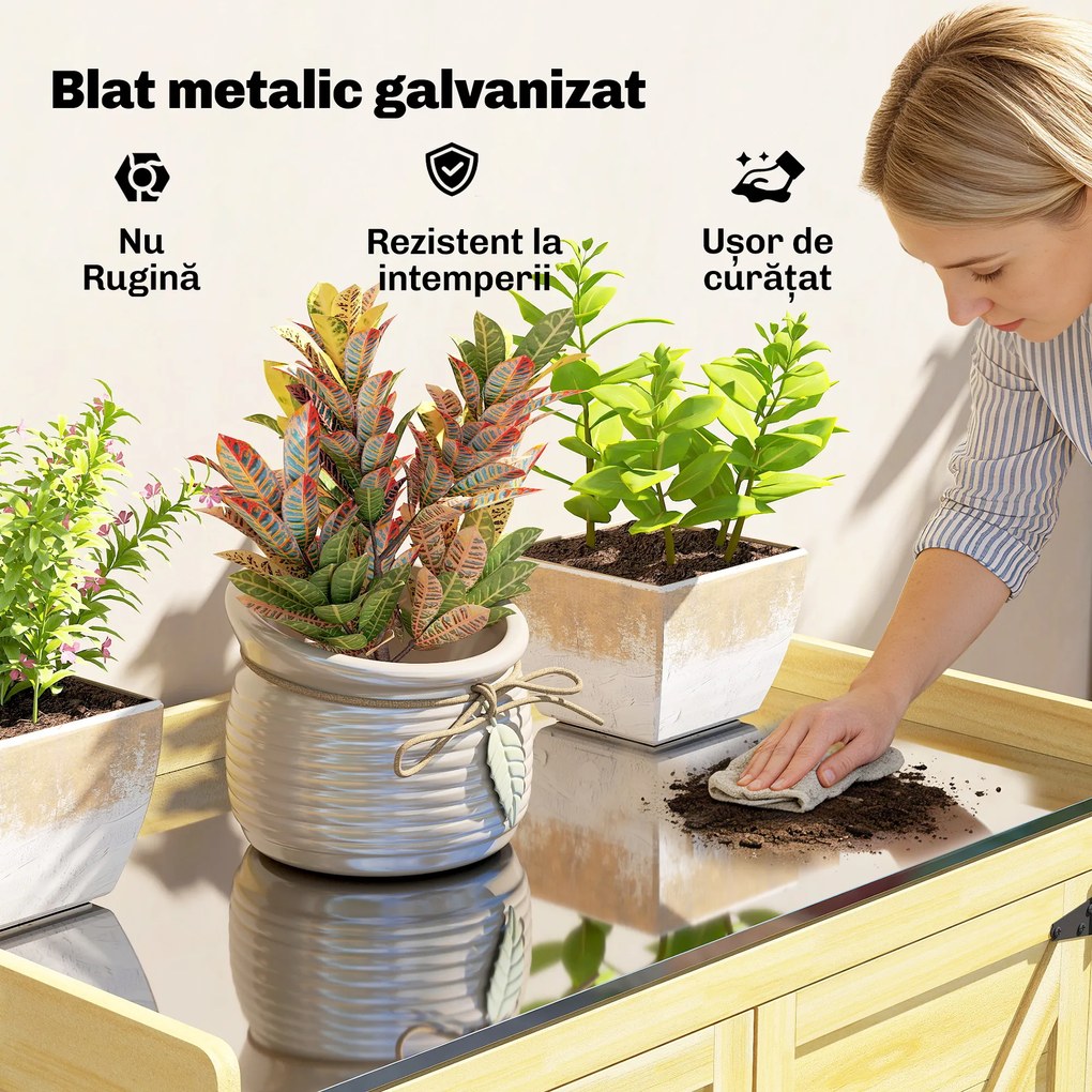 Outsunny Căsuță de Grădină din Lemn de Molid cu Rafturi și Cârlige Laterale, Dulap de Grădină cu Uși Duble și Blat de Lucru din Metal Zincat pentru Terasă, 71,5x39x95cm, Naturală | Aosom Romania