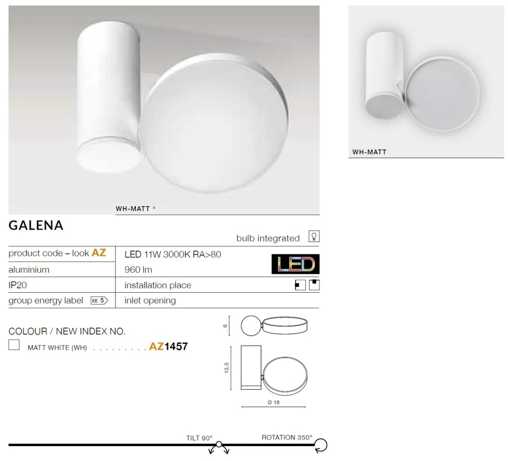 Plafoniera cu spot LED directionabil tavan/plafon GALENA alb