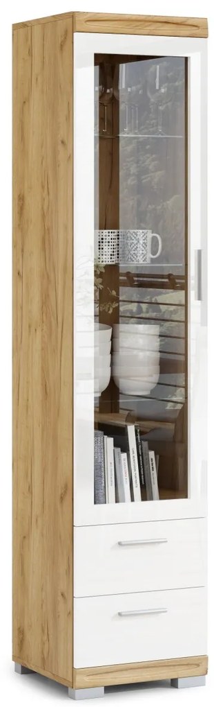 Vitrina SIMPLE KWD1SZ2 Stejar Craft Auriu/Alb Luciu - DULAP CU RAFTURI PENTRU LIVIMG STICLĂ