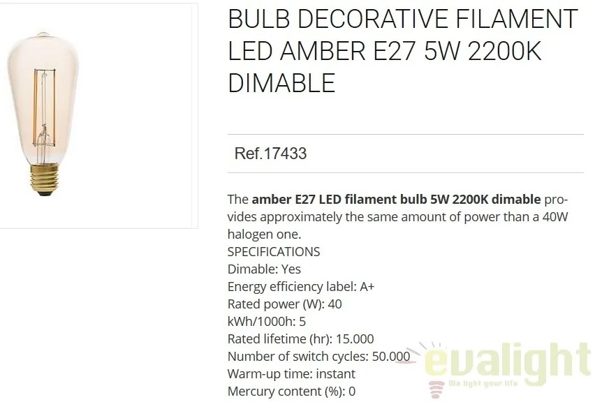 Bec LED decorativ dimabil FILAMENT amber E27 5W 2200K 17433