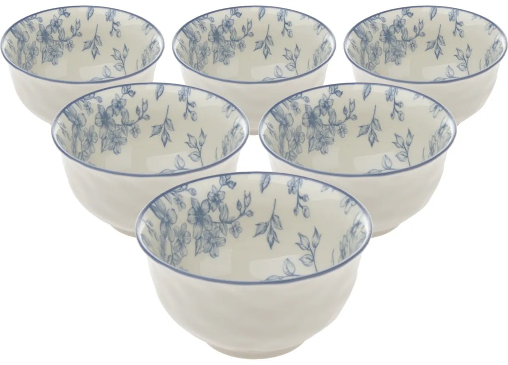 Set de 6 boluri din ceramică Flori delicate 11.5 cm, albastru