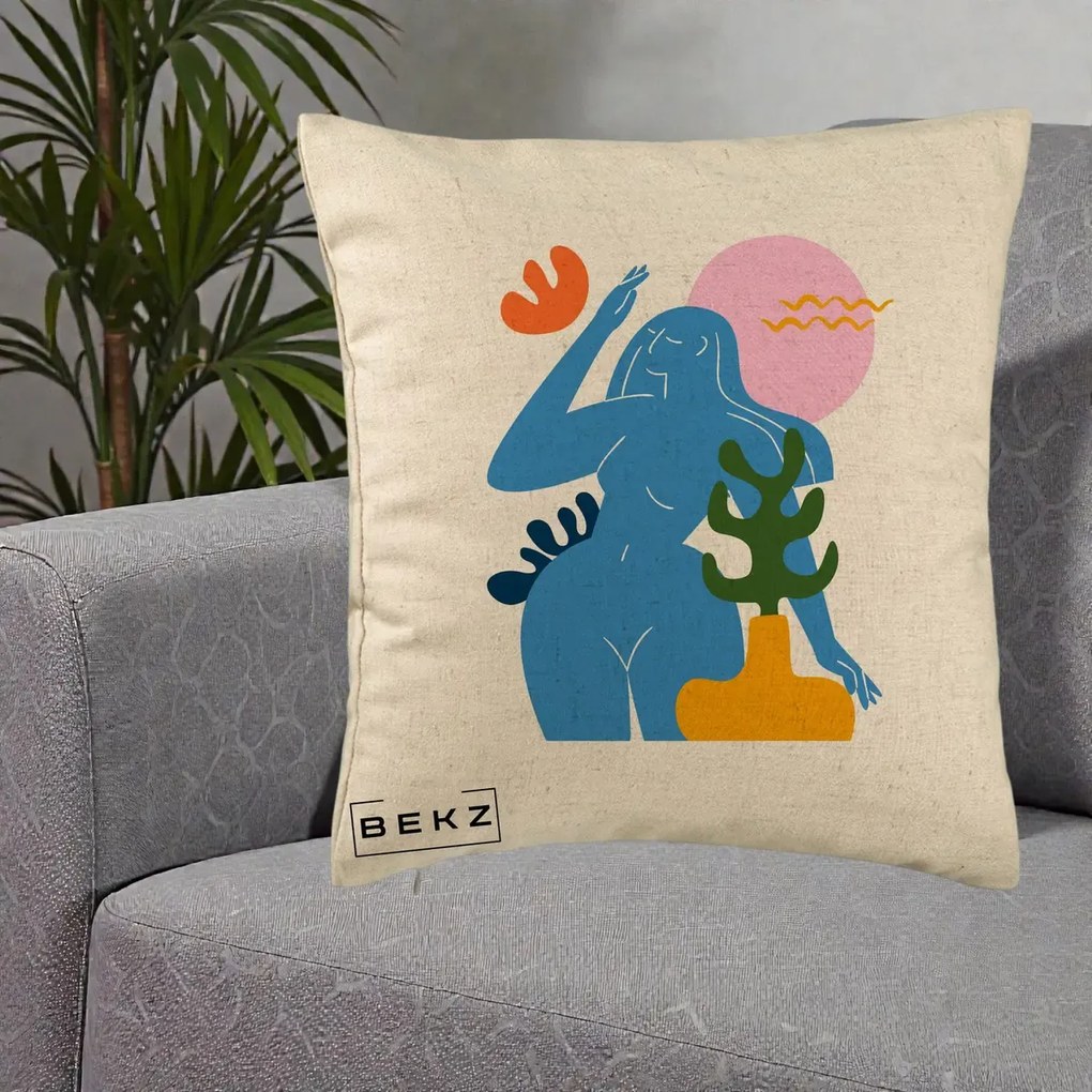 Perna Decorativa Femeie Albastra Cactus, 40x40 cm, Bej, Husa Detasabila, Perna Inclusa, BEKZ®