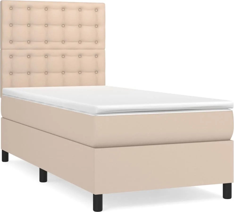 vidaXL Pat box spring cu saltea, cappuccino, 90x190 cm piele ecologică
