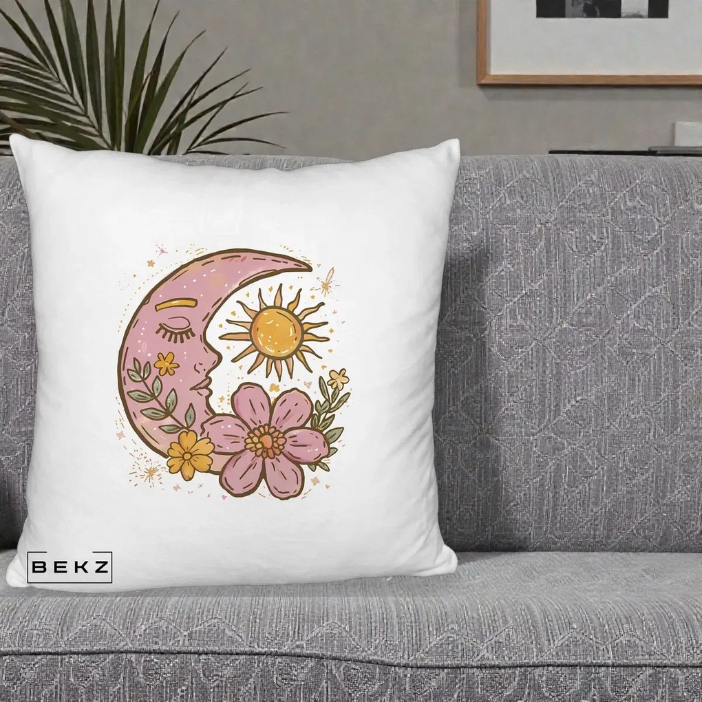 Perna Personalizata Luna si Soare Floral Boho, 40x40 cm, Alb Pufos, Husa Detasabila, Perna Inclusa, BEKZ®