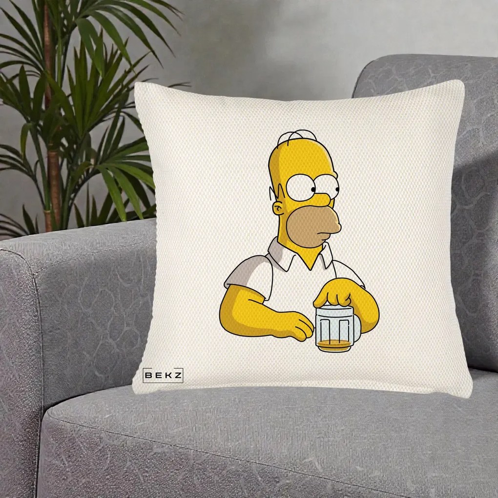 Perna Personalizata Homer Simpson cu Bere, 40x40 cm, Crem Reliefat, Husa Detasabila, Perna Inclusa, BEKZ®