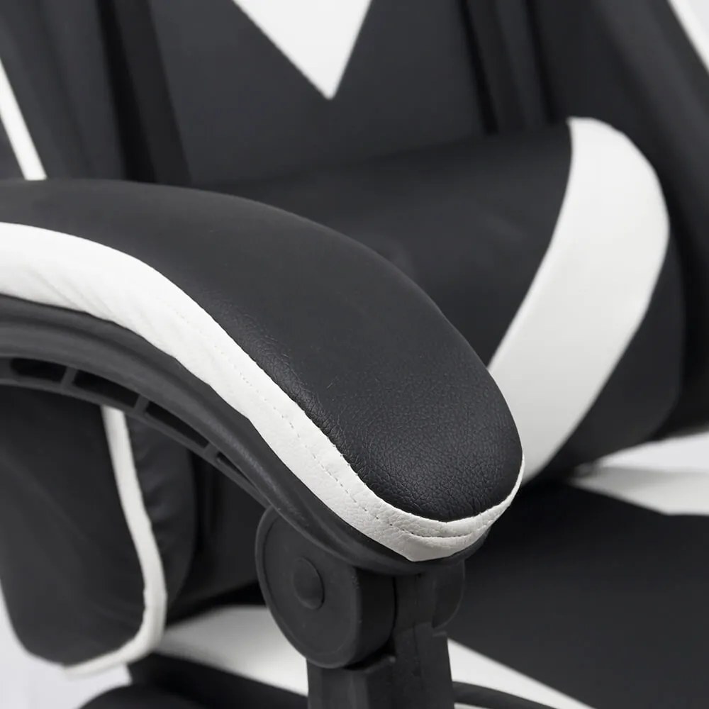 Scaun gaming din piele ecologică cu suport pentru picioare OFF 299 alb cu negru