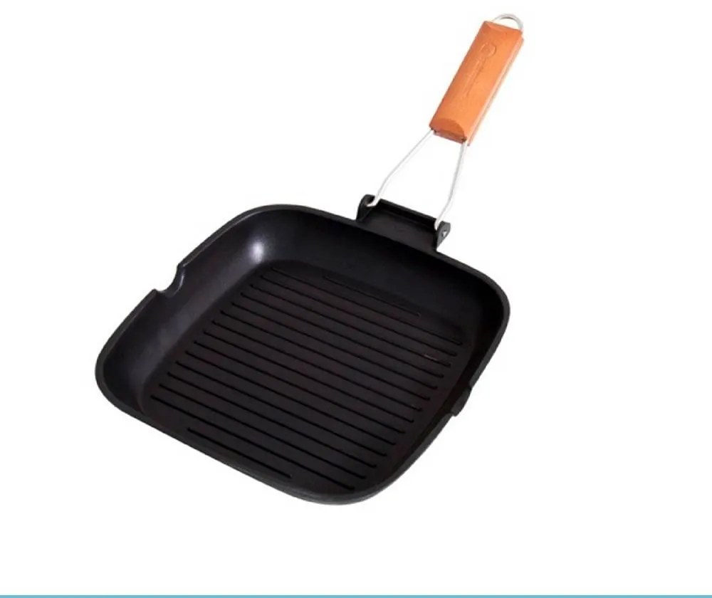 Tigaie Grill, 36x24 cm, Interior din Teflon (Anti-Aderent), Mâner Lemn, Capac din Sticlă Termorezistentă