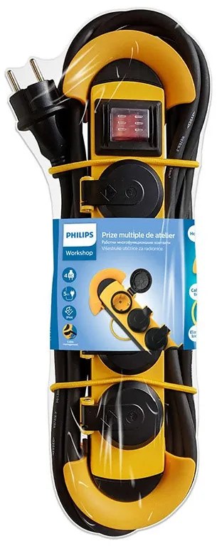 Prelungitor cu protectie la supratensiune Philips, pentru exterior, 4 prize 5 metri, negru
