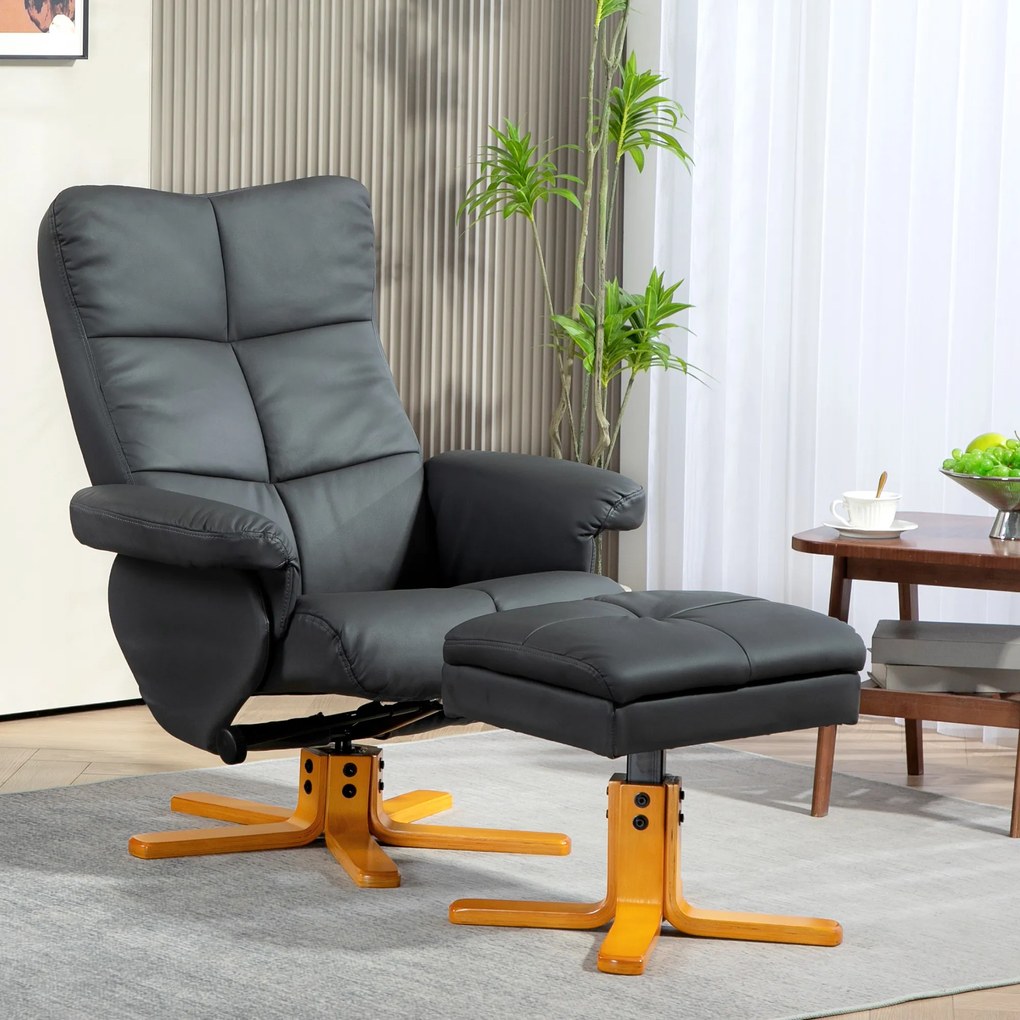 HOMCOM Fotoliu de relaxare cu taburet, Spătar înclinabil la 145°, Rotativ la 360°, Piele ecologică, Gri închis | Aosom Romania