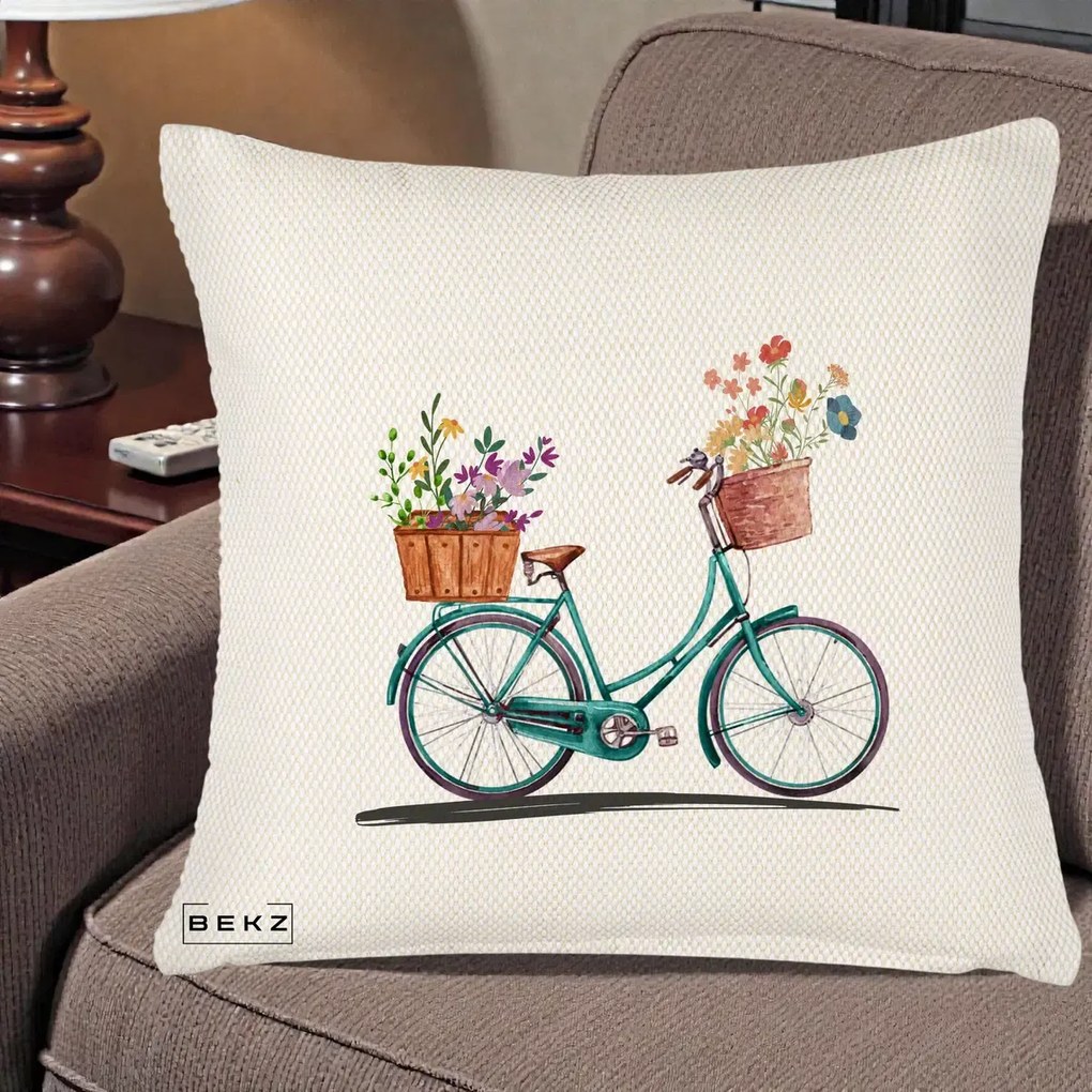 Perna Decorativa Bicicleta Florala Turcoaz Acuarela, 40x40 cm, Crem Reliefat, Husa Detasabila, Perna Inclusa, BEKZ®