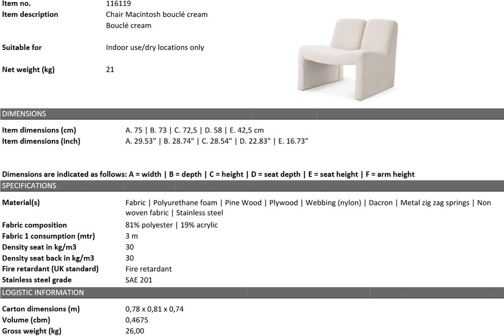 Fotoliu deosebit design LUX Macintosh Bouclé cream