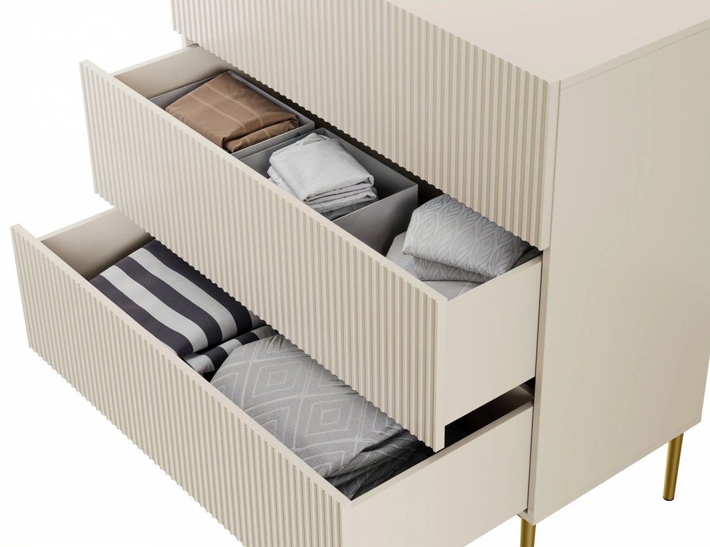 Comodă Nicole 100 cm cu sertare și front striat - casmir / picioare aurii