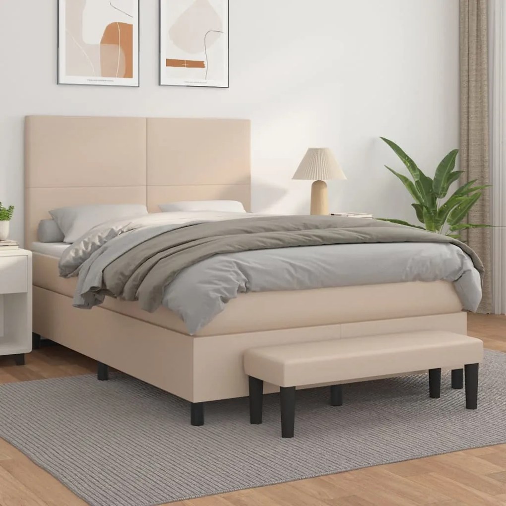 3137544 vidaXL Pat box spring cu saltea, cappuccino, 140x190cm piele ecologică