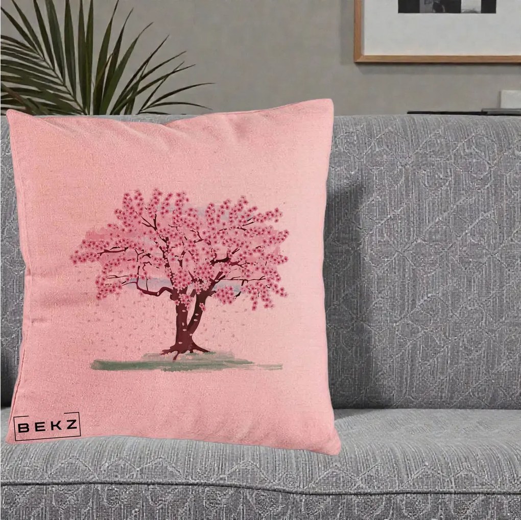 Perna Decorativa Cires Inflorit Acuarela, 40x40 cm, Roz, Husa Detasabila, Perna Inclusa, BEKZ®