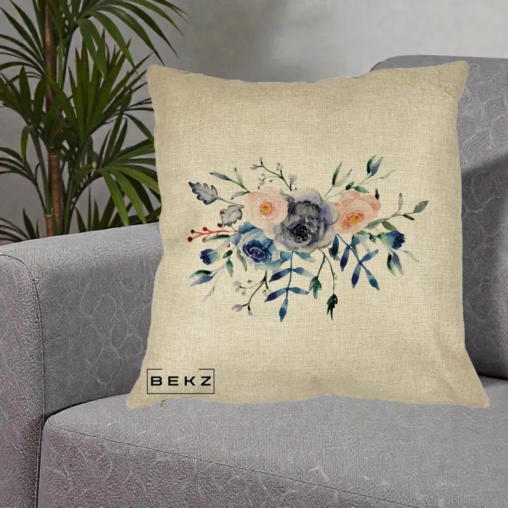 Perna Decorativa Buchet Flori Albastre Acuarela, 40x40 cm, Crem, Husa Detasabila, Perna Inclusa, BEKZ®