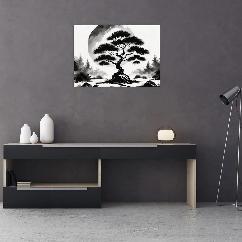 Tablou pe sticlă – Bonsai alb-negru (70x50 cm)