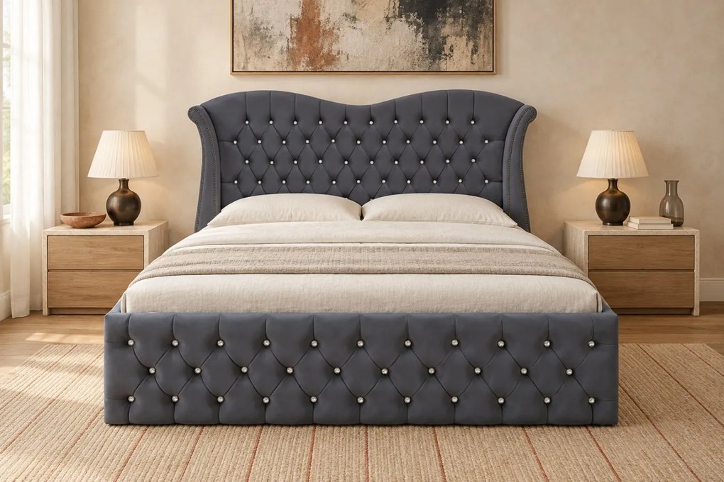 Pat tapițat Chesterfield Avella 160×200 cm, gri închis, cu ladă de depozitare