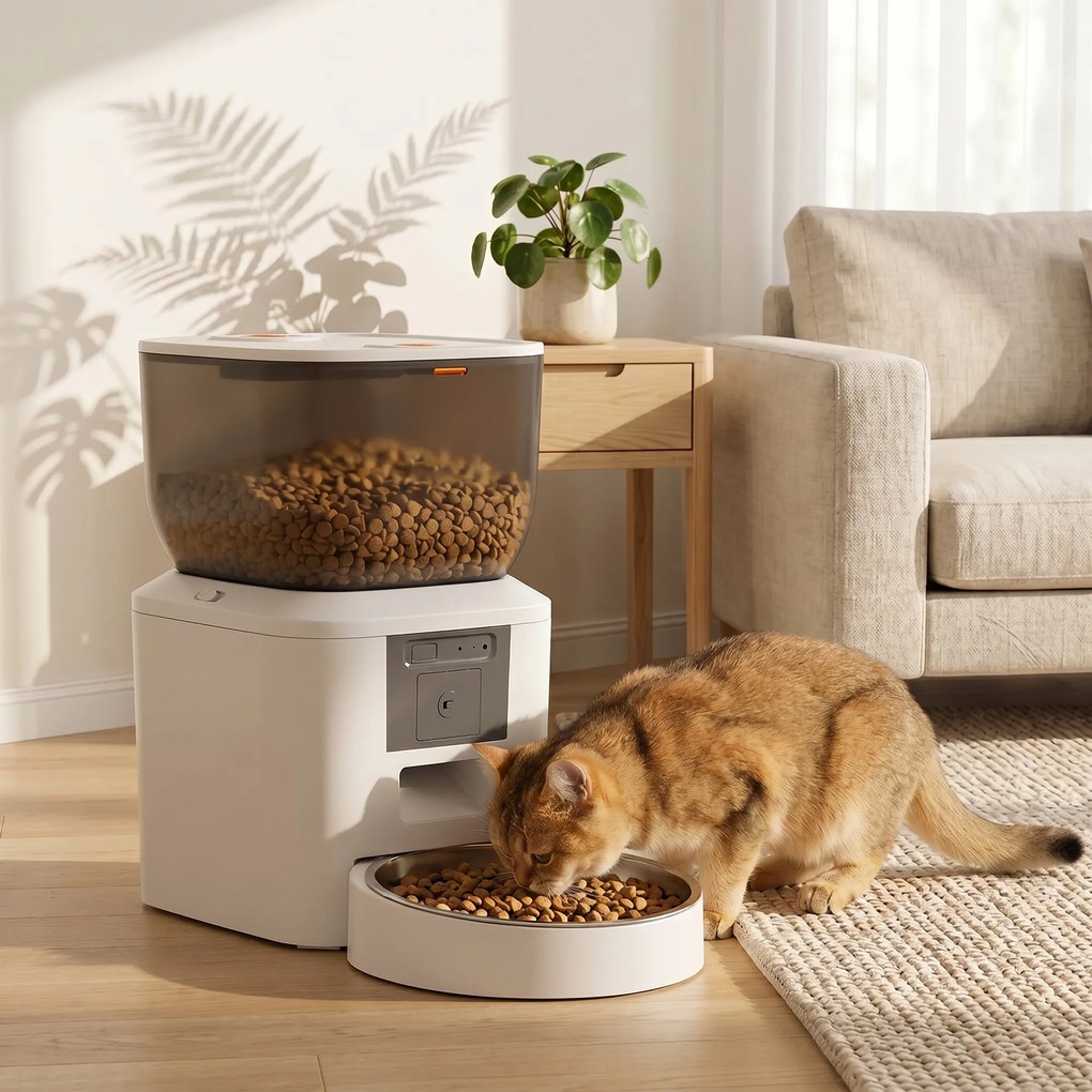 PawHut Distribuitor Automat de Hrană pentru Pisici și Câini 4L, WiFi 2,4G, Control din Aplicație cu Cameră, Bol, Alb | Aosom Romania