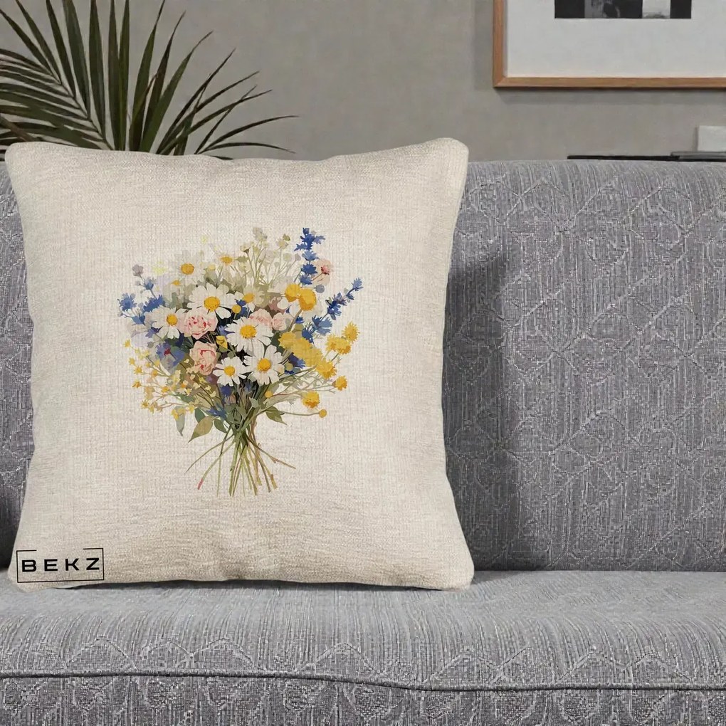 Perna Decorativa Buchet Camp Acuarela Margarete-Lavanda, 40x40 cm, Bej Canapea, Husa Detasabila, Perna Inclusa, BEKZ®