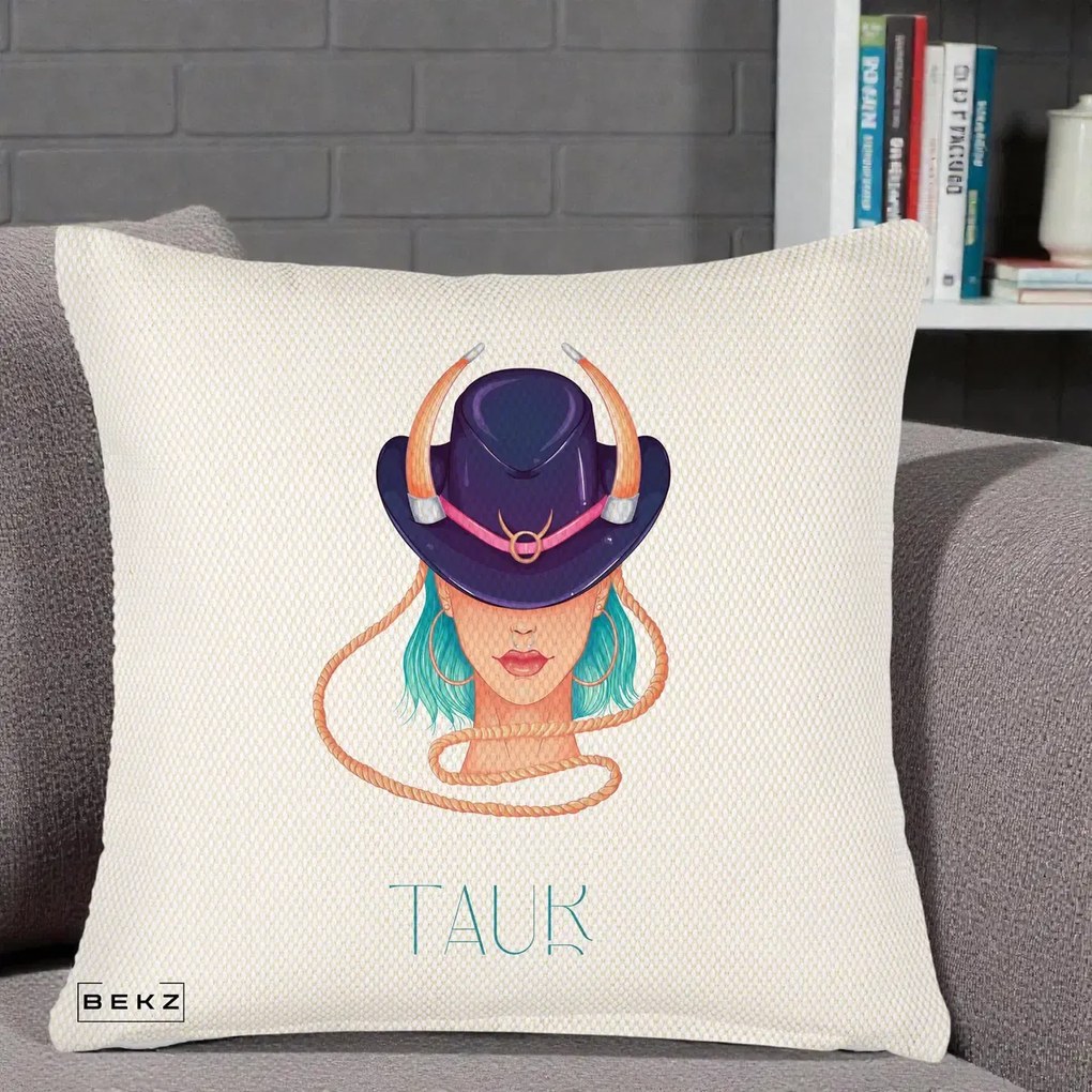Perna Personalizata Zodie Taur, 40x40 cm, Crem Reliefat, Husa Detasabila, Perna Inclusa, BEKZ®