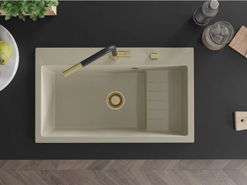 Mexen Omar chiuvetă de bucătărie din granit cu 1 cuvă 800 x 480 mm, bej, sifon auriu - 6520801005-69-G