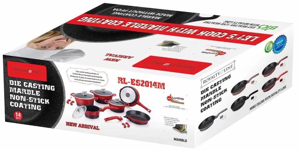 Set oale si tigai cu capace 17 piese Royaly Line ES 2014M, maro, antiaderente, marmorate, inductie, manere detasabile
