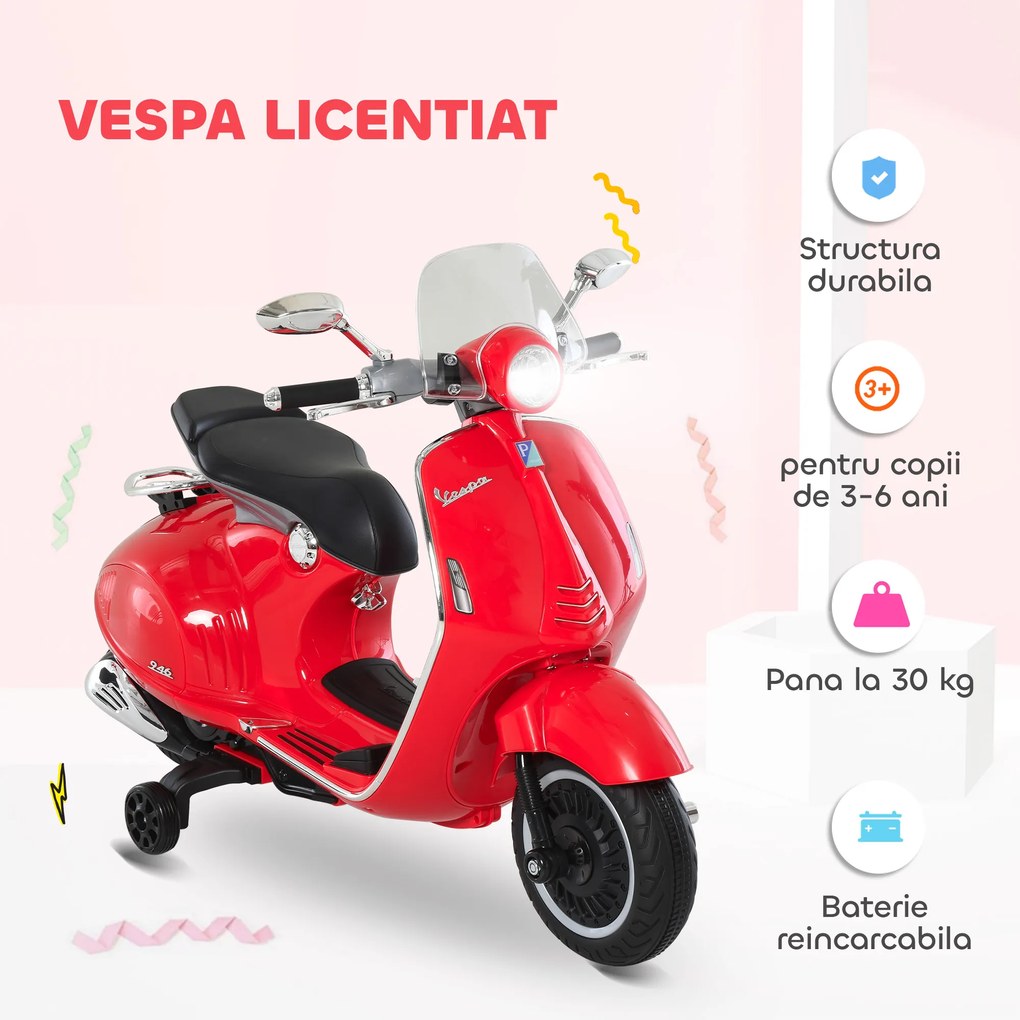HOMCOM Motocicletă Electrică pentru Copii 3+ Ani, Motocicletă Jucărie din PP și Oțel cu 2 Roți Suplimentare, 108x49x75 cm, Roșie | Aosom Romania