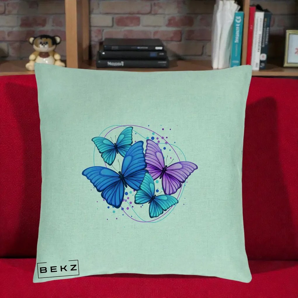 Perna Decorativa Patru Fluturi Turcoaz-Violet, 40x40 cm, Verde Menta, Husa Detasabila, Perna Inclusa, BEKZ®