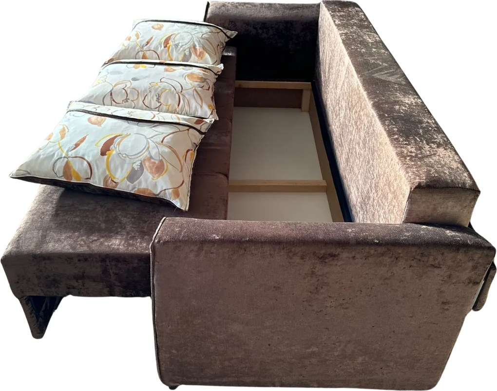 Canapea LILI extensibila, 3 locuri, cu lada de depozitare, stofa plusata, 220x95x80 Maro, Stofa plusata