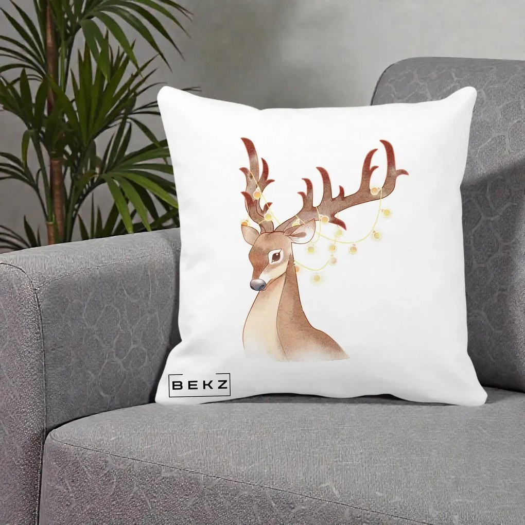 Perna Decorativa Ren cu Luminite de Craciun, 40x40 cm, Alba Mata, Husa Detasabila, Perna Inclusa, BEKZ®