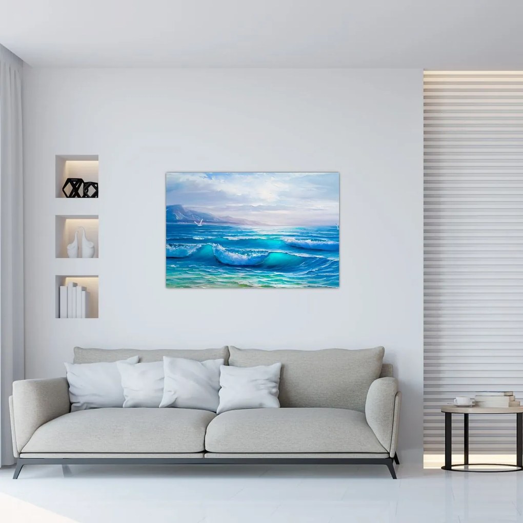 Tablou - Pictură în ulei de mare cu pescăruși (90x60 cm)