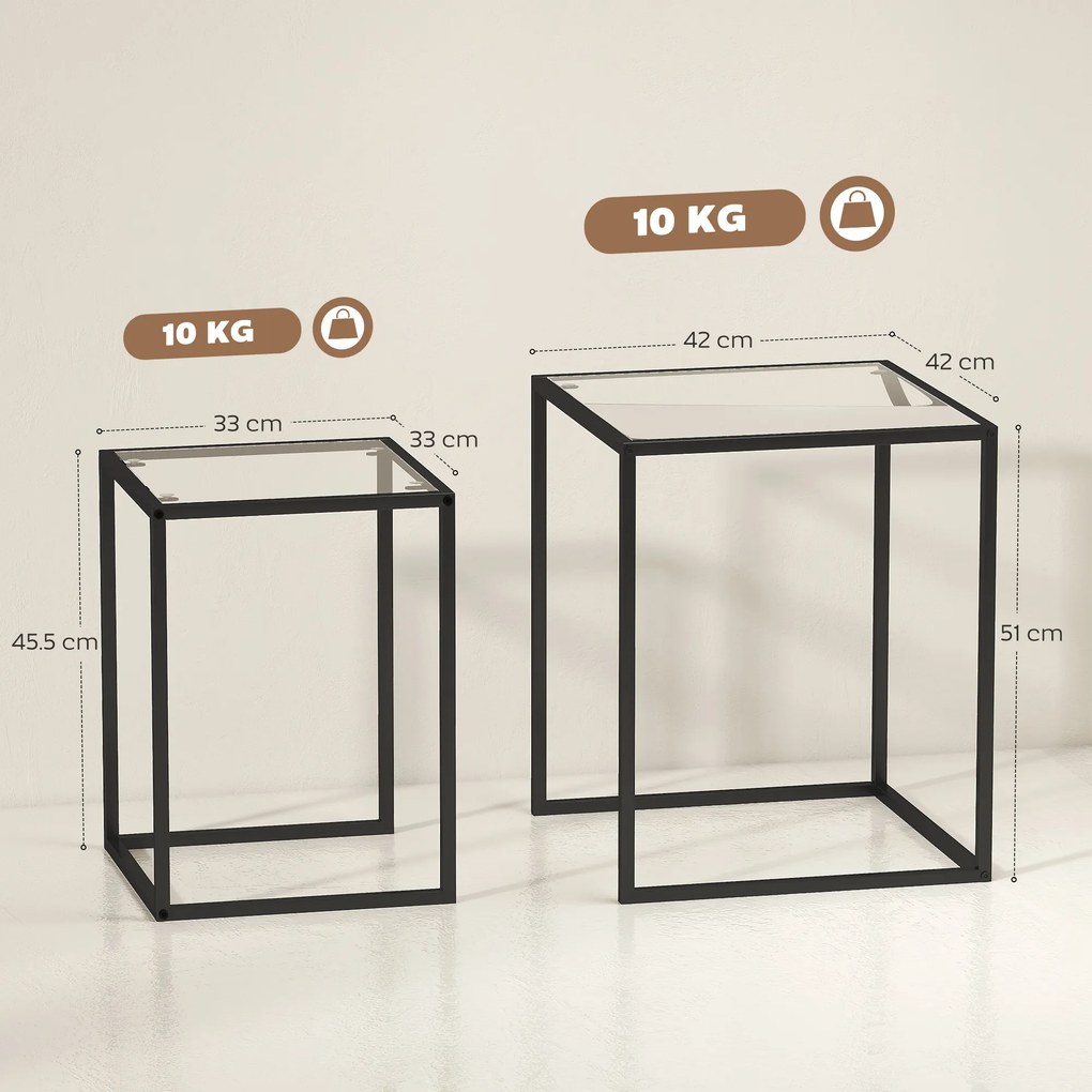 HOMCOM Set de 2 Masute care se Suprapun, Masute de Cafea Moderne care Economisesc Spatiul Patrate din Otel si Sticla Securizata, Negru | Aosom RO