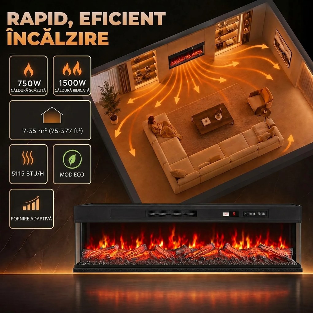 HOMCOM Șemineu electric de podea/încorporabil, pe 3 laturi, cu telecomandă, 750/1500 W, efect flacără 3D, 12 culori, 5 niveluri de luminozitate | Aosom Romania