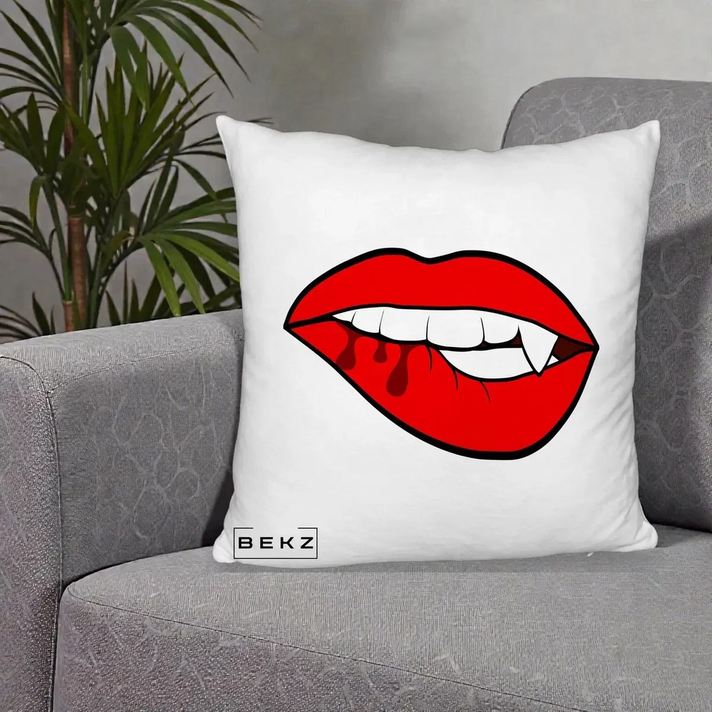 Perna Decorativa Vampire Lips Halloween, 40x40 cm, Alb Pufos, Husa Detasabila, Perna Inclusa, BEKZ®