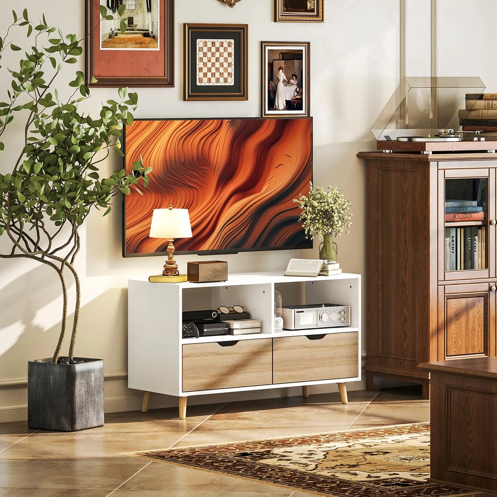 HOMCOM TV-bench, TV-kommod cu sertare, rafturi deschise, lemn, 99 x 39 x 58 cm, Alb | Aosom Romania